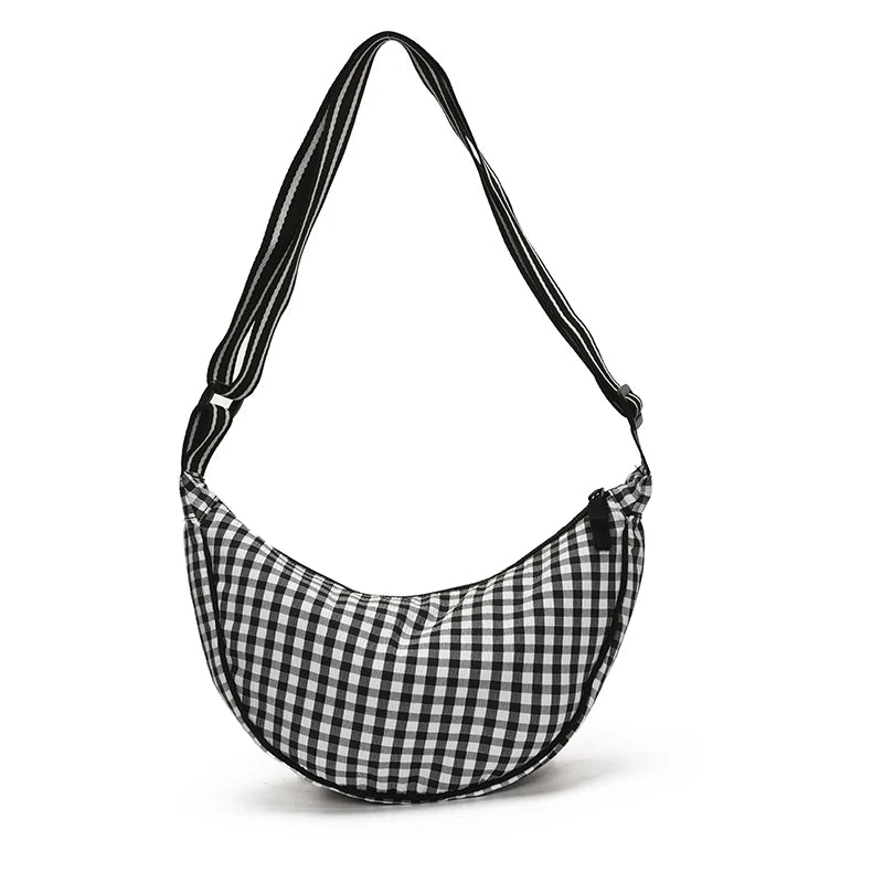 Checkered Nylon Crescent Hobos Shoulder Purse for Women Casual Crossbody Purse Lightweight Sling Bag with Adjustable Strap
