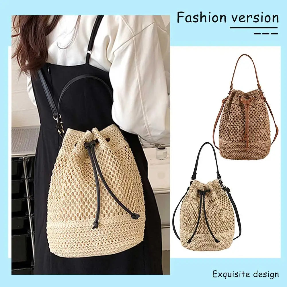 Summer Shoulder Bag Drawstring Straw Beach Crossbody Bags Adjustable Strap Fashion Casual Portable Elegant for Weekend Vacation