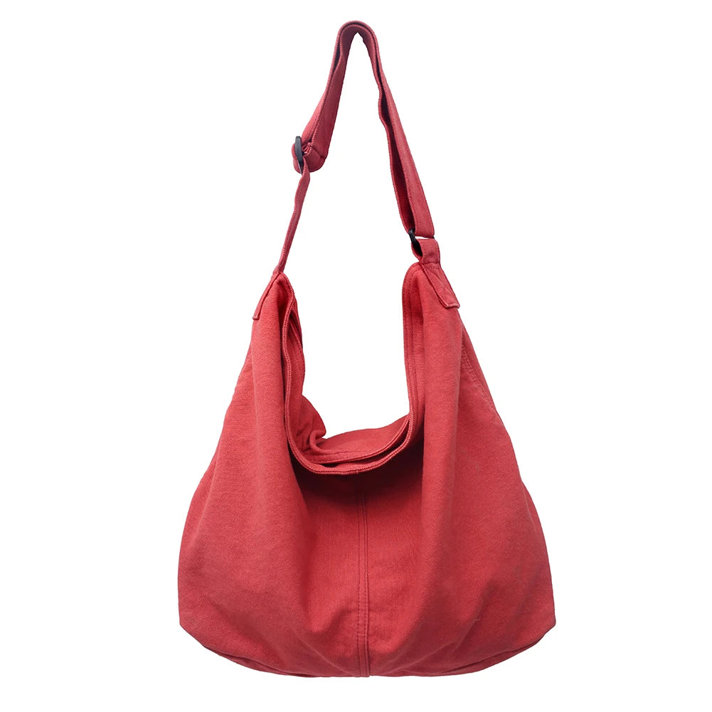 Japanese Harajuku Canvas Shoulder Bag Solid Color Retro Crossbody Messenger Handbags Soft Pockets Large Capacity for Travel
