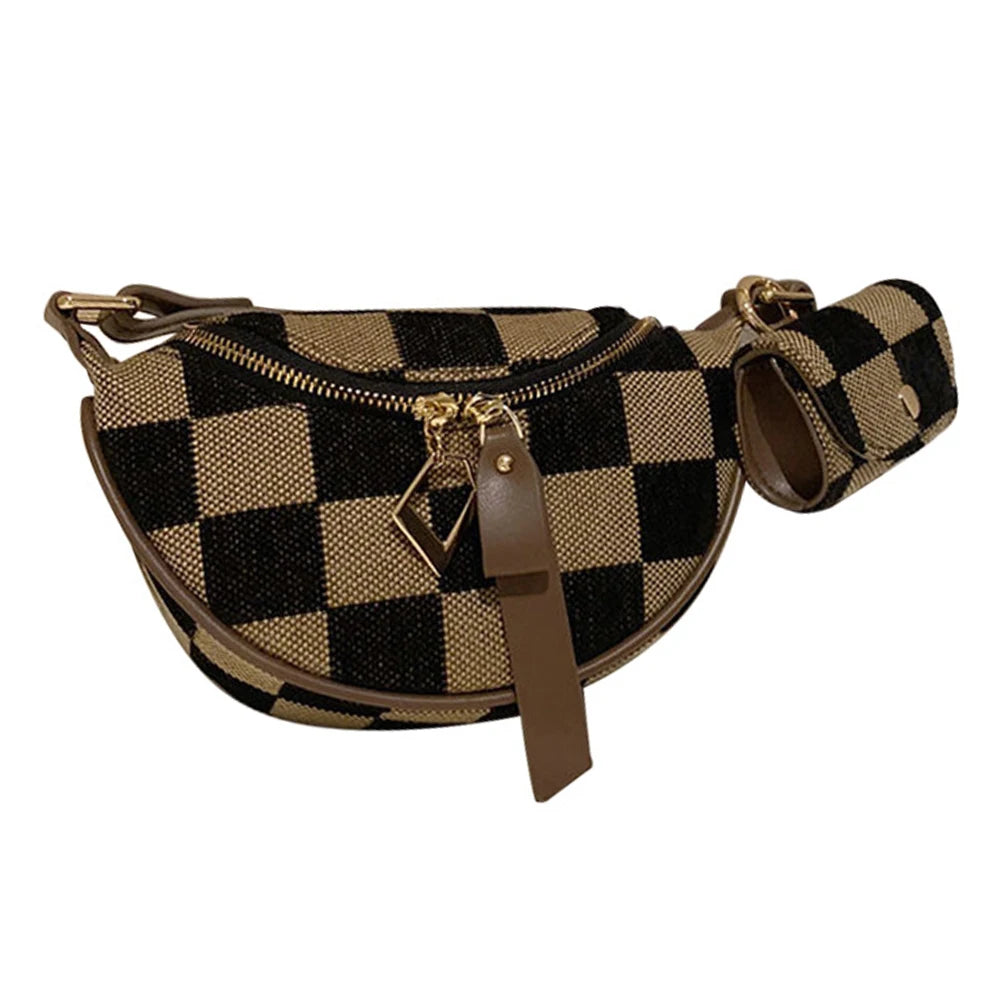 Women Men Canvas Shoulder Bag Adjustable Strap Fanny Pack Checkerboard Sling Bag with Zipper Chest Bag for Shopping Travel