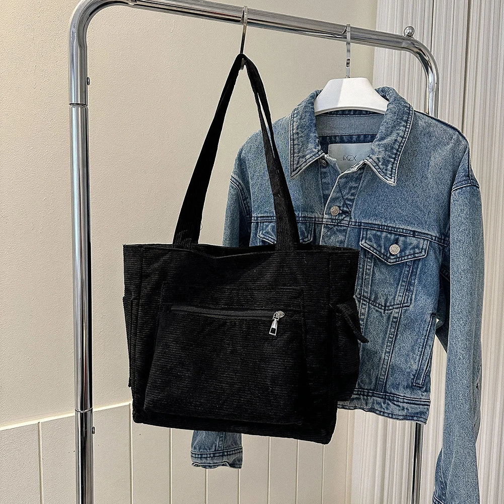 Women Corduroy Hobo Bag Large Capacity Casual Shoulder Tote Handbag Outer Pocket Satchel Bag Lightweight Shopping Bag