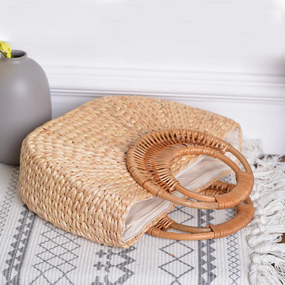 Women Summer Beach Bag Elegant Woven Top Handle Bag Travel Tote Purse Bucket Bag for Travel & Vacation