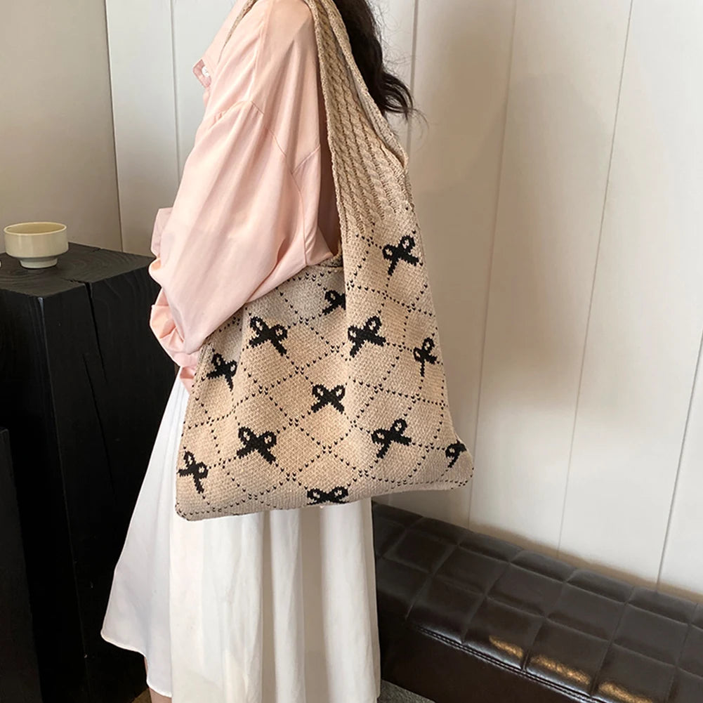 Large Capacity Women Crochet Tote Handbag Cute Shoulder Bag for Shopping Travel Daily Use Versatile Style