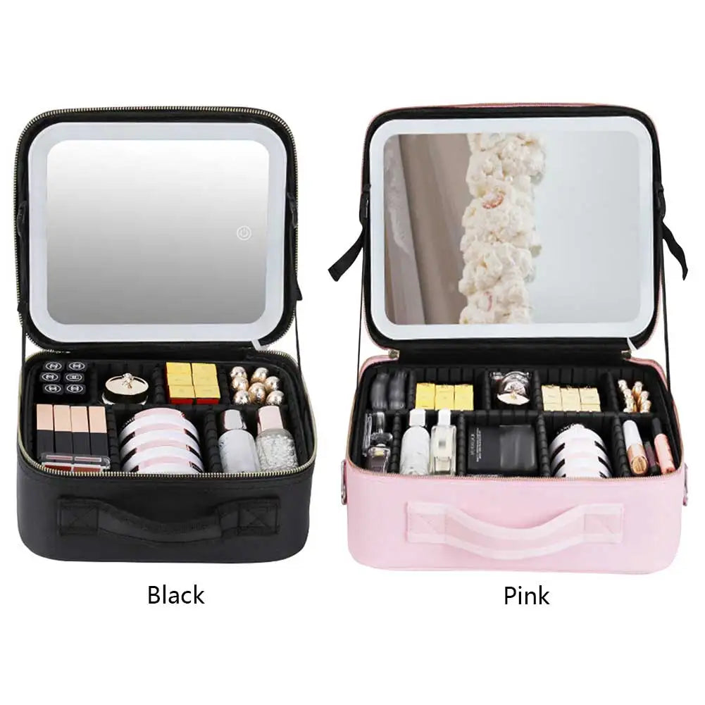 Smart LED Cosmetic Case with Mirror Travel Makeup Bags Large Capacity Fashion Simple PU Leather Casual for Weekend Vacation