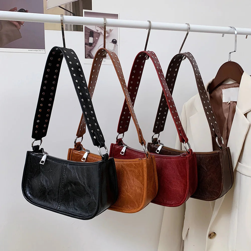 Women Underarm Satchel Bag Studded Decor Crossbody Bag Fashion PU Leather Retro Shoulder Bags Adjustable Strap Daily Handbag