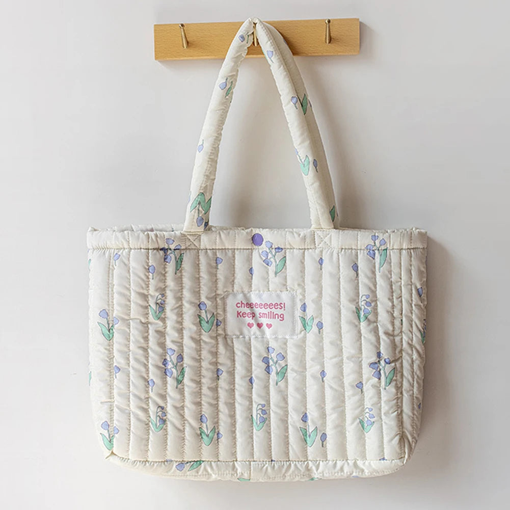 Women Printed Padded Sling Bag Large Capacity Floral Puffer Communting Bag Lightweight Multifunctional Ladies Girls Utility Bag