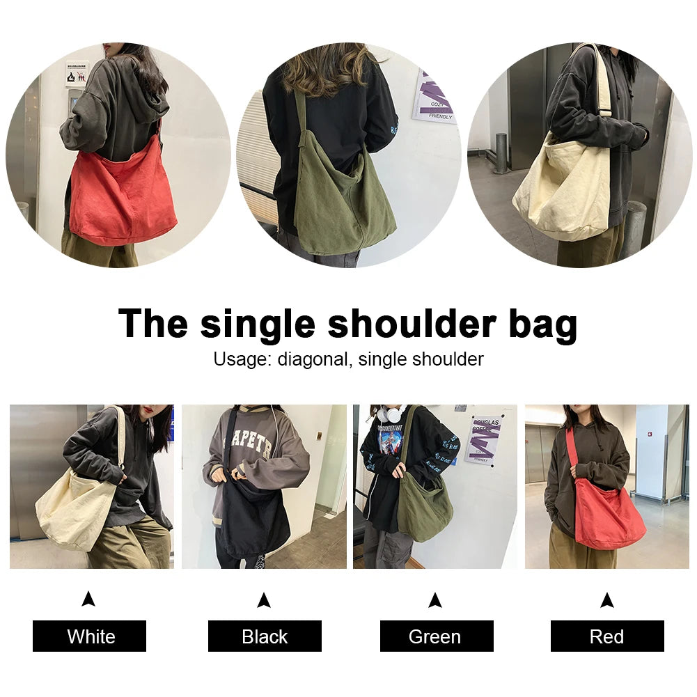 Japanese Harajuku Canvas Shoulder Bag Solid Color Retro Crossbody Messenger Handbags Soft Pockets Large Capacity for Travel