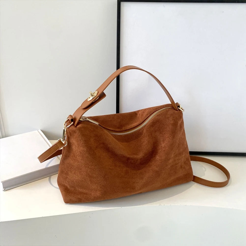 Women Suede Shoulder Bag Adjustable Strap Crossbody Bag With Inner Pocket Satchel Purse Zipper Clutch Purse for Work Travel