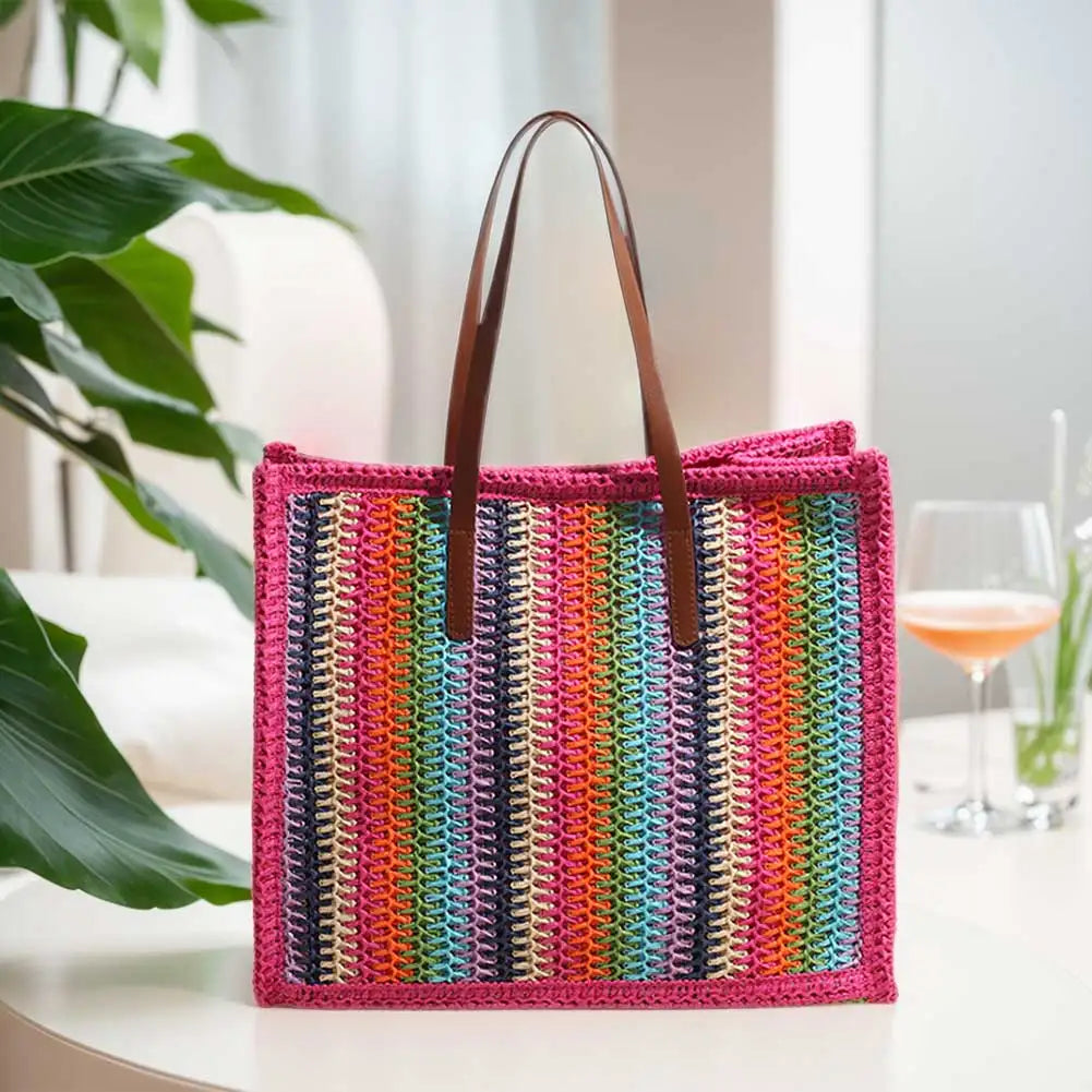 Women Striped Woven Tote Rainbow Straw Shoulder Bag Large Capacity Hand-Woven Tote Bag Straw Woven Handbag Outdoor Travel Bag