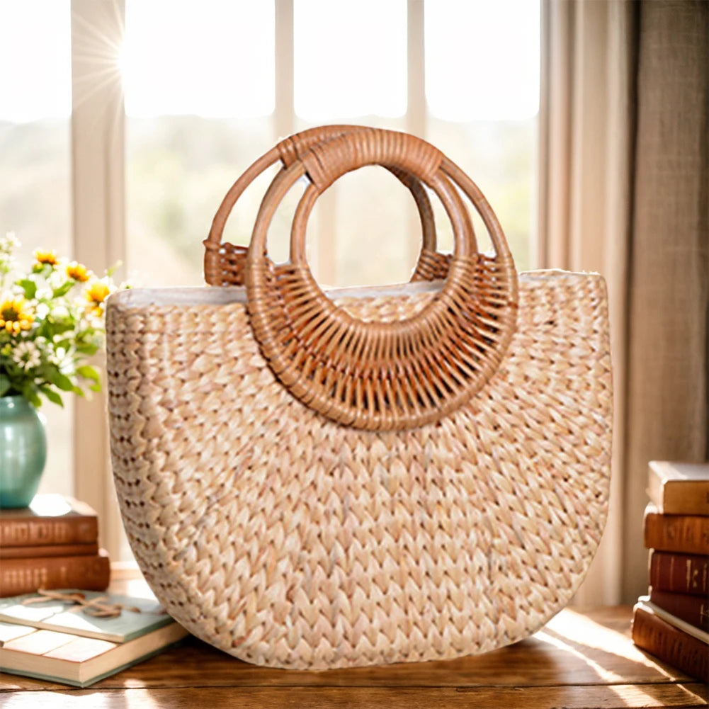 Women Summer Beach Bag Elegant Woven Top Handle Bag Travel Tote Purse Bucket Bag for Travel & Vacation