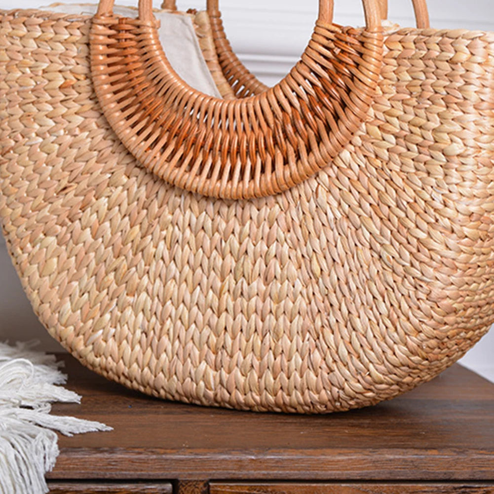 Women Summer Beach Bag Elegant Woven Top Handle Bag Travel Tote Purse Bucket Bag for Travel & Vacation