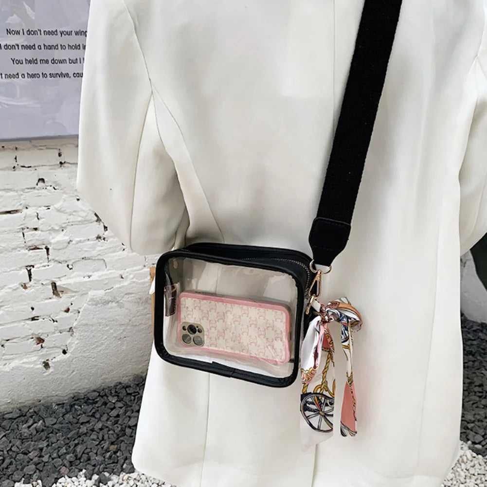 Transparent Shoulder Bag Stadium Approved PVC Envelope Crossbody Handbag Zipper with Silk Scarf Square Purse for Outdoor Travel