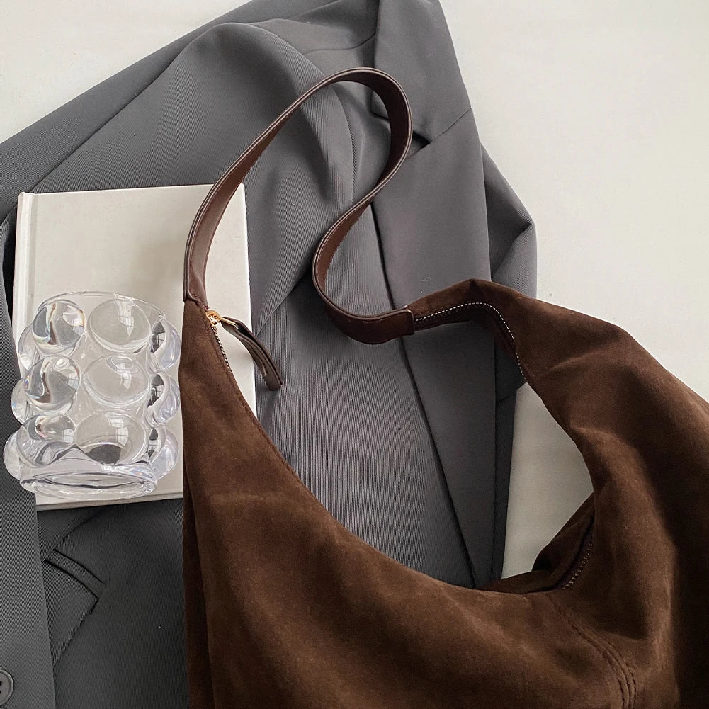 Women Suede Shoulder Bag with Zipper Hobo Bag Large Capacity Underarm Bag Solid Slouchy Bag Commuter Travel Bag