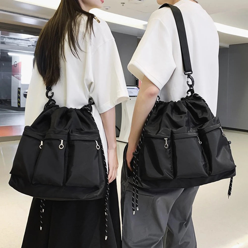 Unisex Simple Shoulder Bags Oxford Cloth Drawstring Black Shopping Bag Multi-pocket Lage Capacity Versatile Outdoor Daily Bag