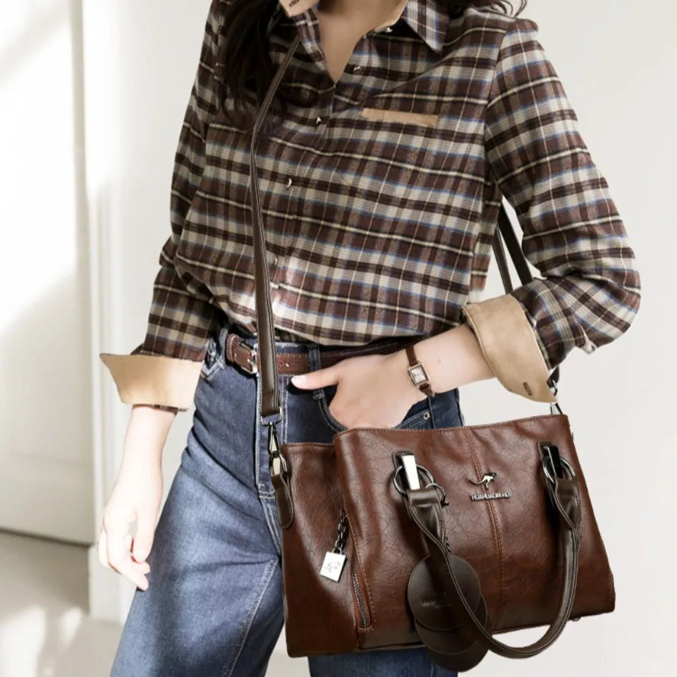 Retro Three Layers High Quality Leather Shoulder Crossbody Hand Bags for Women Vintage Casual Totes Designer Handbag Sac A Main
