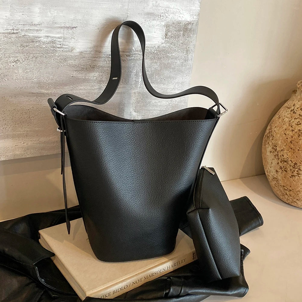 Bucket Bag for Women Adjustable Strap Shoulder Bag Vegan Leather with Inner Pocket Crossbody Bag Solid Hobo Bag for Work Travel
