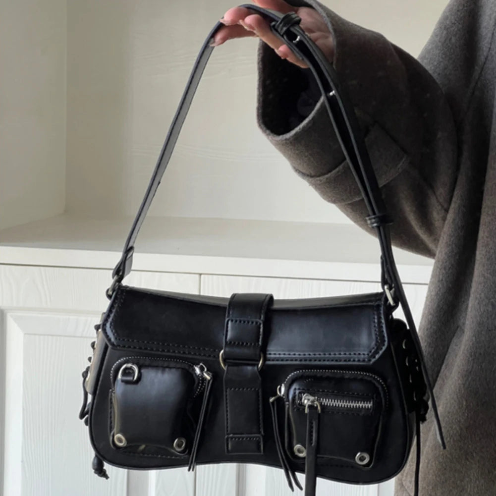 Women Punk Shoulder Bag PU Leather Retro Hobo Bag Multipocket Y2K Adjustable Strap Female Commute Daily Bag