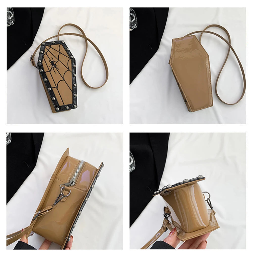 Women Coffin Satchel Purse Cartoon Gothic Crossbody Bag Strap Adjustable Gothic Coin Purse Spider Coffin Bag Halloween Candy Bag
