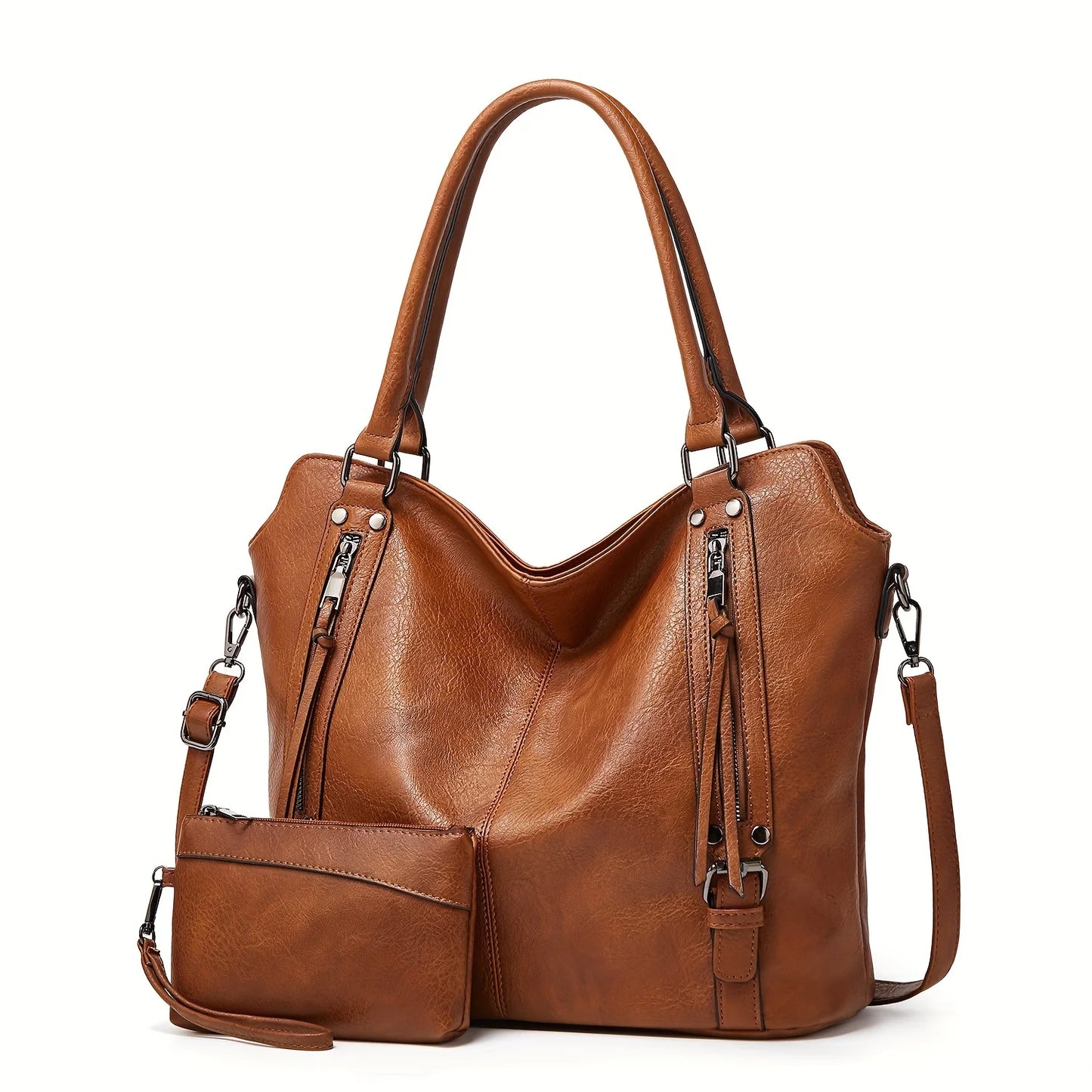 2PC Set Purses Tote Bag For Women, Handbags PU Leather Large Shoulder Bag, Cow Pattern Work Bags With Multi-Pockets, Designer H