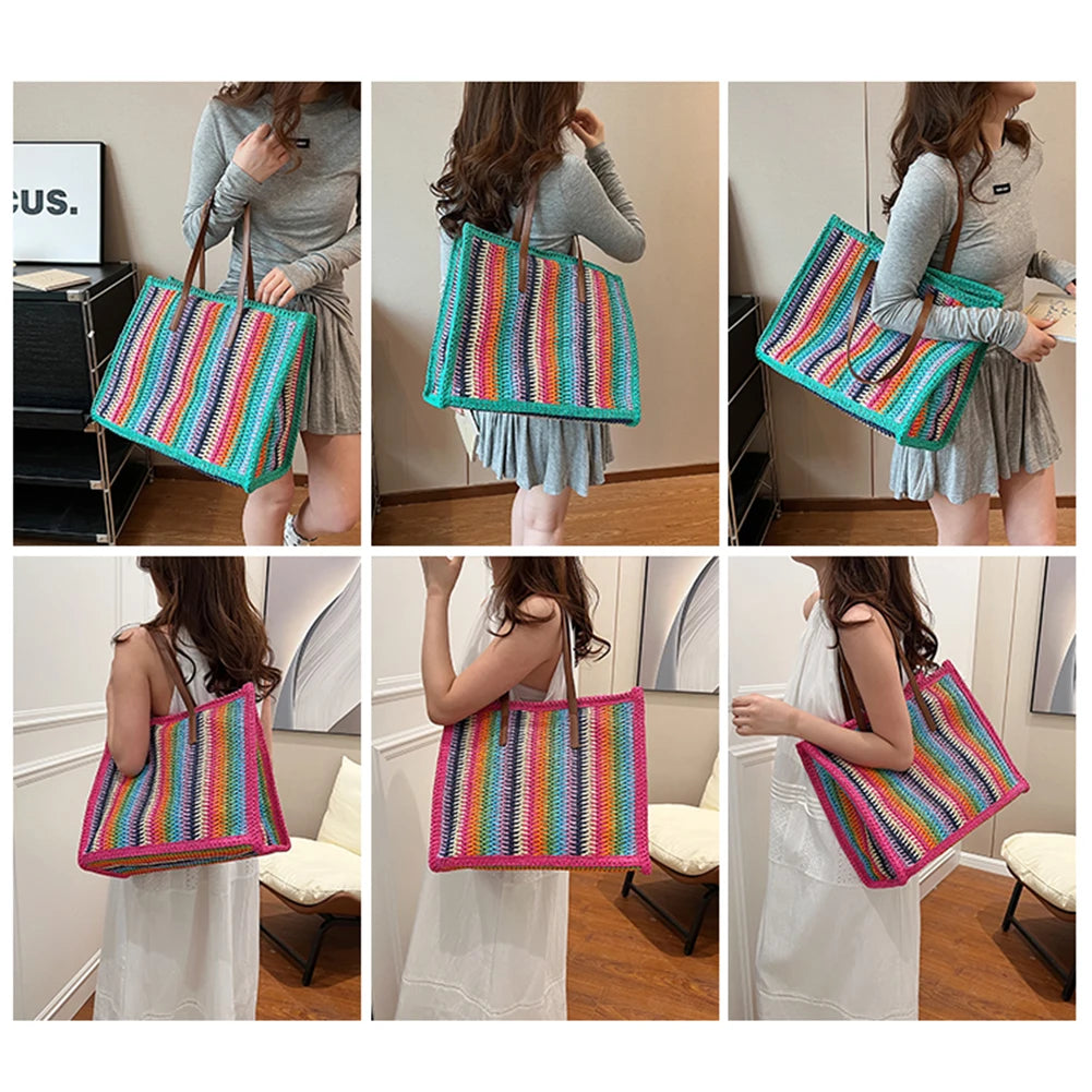 Women Striped Woven Tote Rainbow Straw Shoulder Bag Large Capacity Hand-Woven Tote Bag Straw Woven Handbag Outdoor Travel Bag