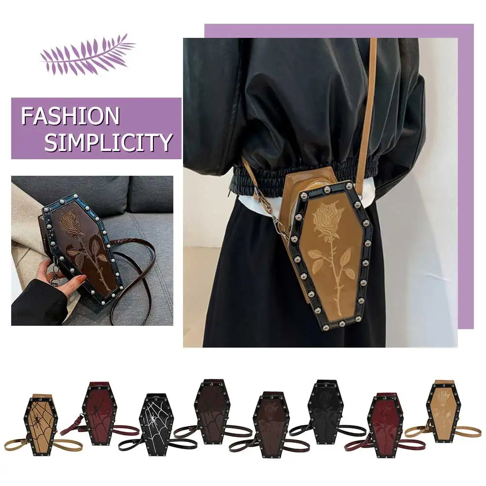 Women Coffin Satchel Purse Cartoon Gothic Crossbody Bag Strap Adjustable Gothic Coin Purse Spider Coffin Bag Halloween Candy Bag