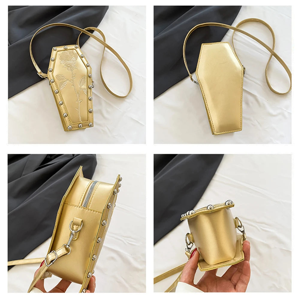 Tote Bag Women Crossbody Bag Halloween PU Shoulder Bag Coffin Shape Embroidery Underarm Bag Phone Bag for Office Travel