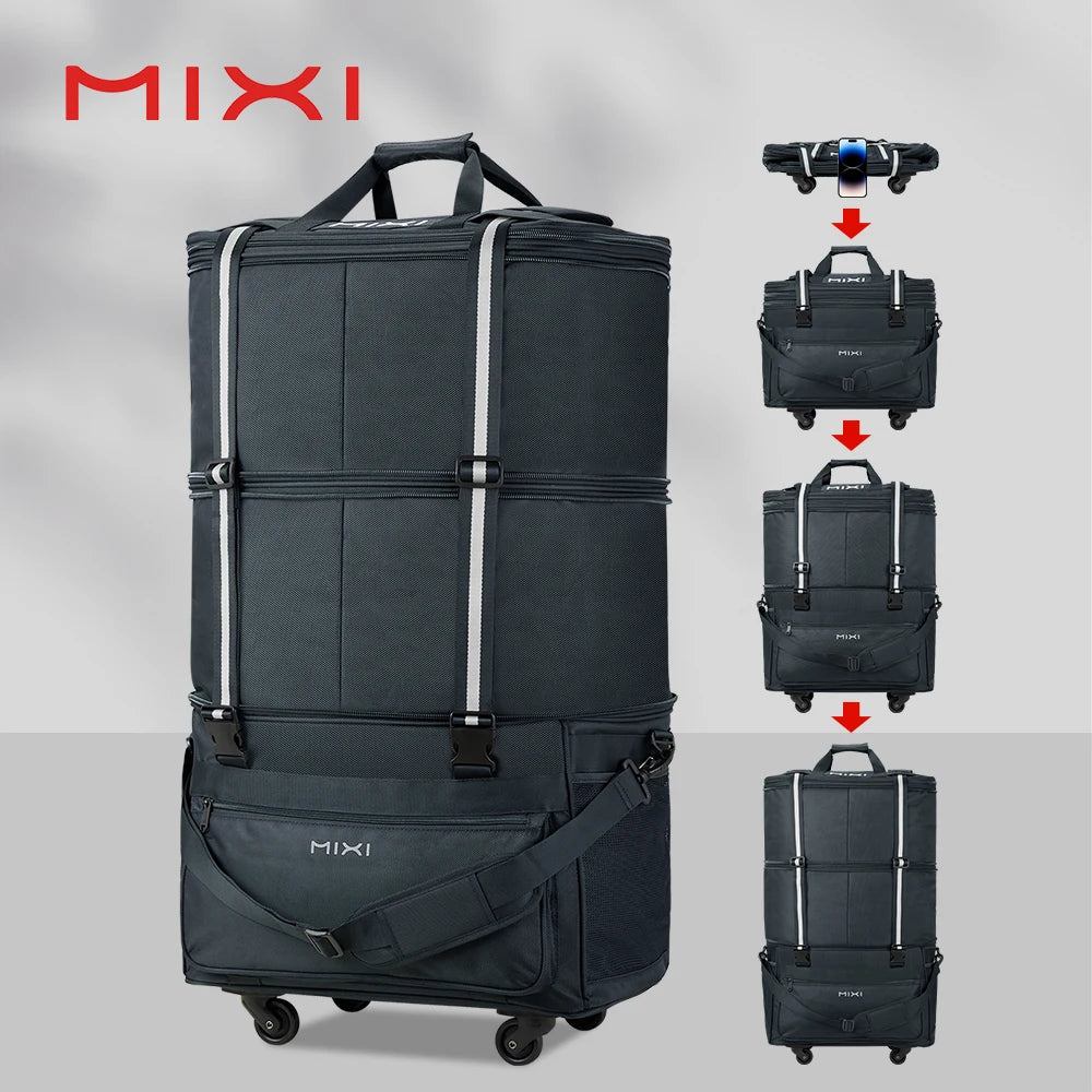 Mixi Foldable Travel Bag Hand Carry Duffel Bag with Wheels Expandable Rolling Travel Bag Large Capacity Waterproof Luggage Bag