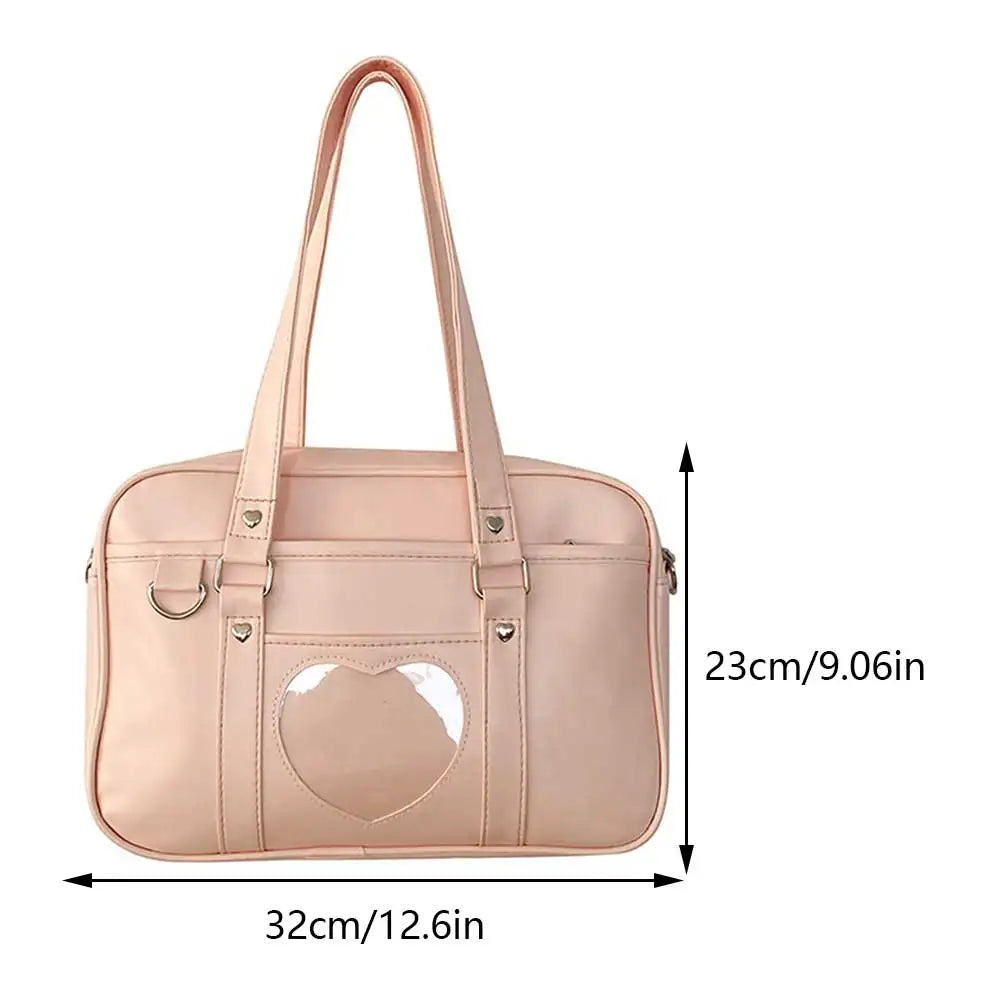 Women Anime Crossbody Bag Transparent Love Heart PU Japanese School Bag Adjustable Strap Shoulder Uniform Bag Chic Commuting Bag