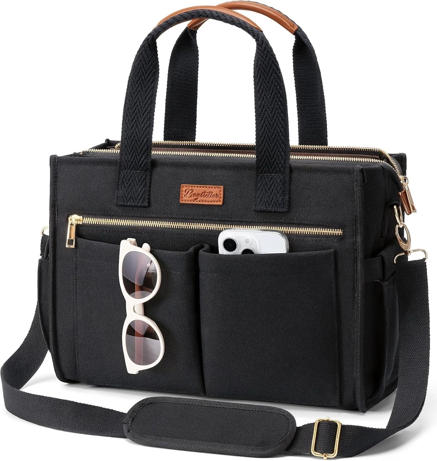 Canvas Tote Bag for Women, 15-Pocket Large Crossbody Handbag Bible Laptop Bag Zipper Bookbag for Teacher Work Travel College