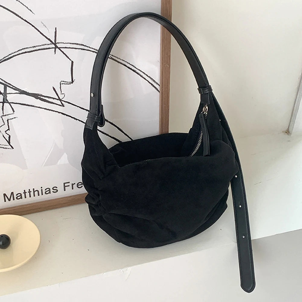 Suede Shoulder Bag for Women Men Ruched Handbag Adjustable Strap Crescent Bag Suede Hobo Bag with Multi-Pockets for Coummuting