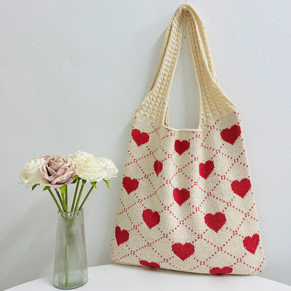 Summer Beach Bag for Women Heart Pattern Handbag Large Capacity Shoulder Bag Tote Bag for Vacation Travel