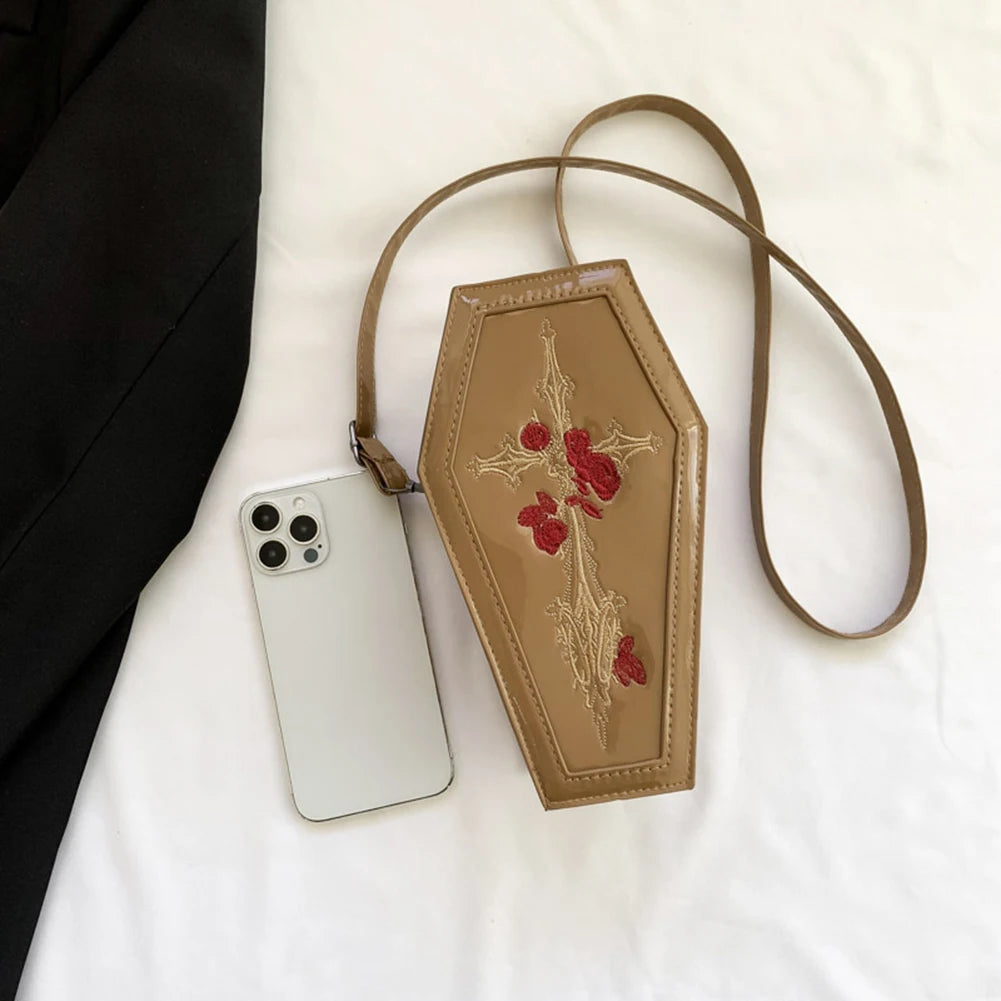 Women Coffin Satchel Purse Cartoon Gothic Crossbody Bag Versatile Rose Crossbody Pouch Y2K Cellphone Bag Halloween Purse