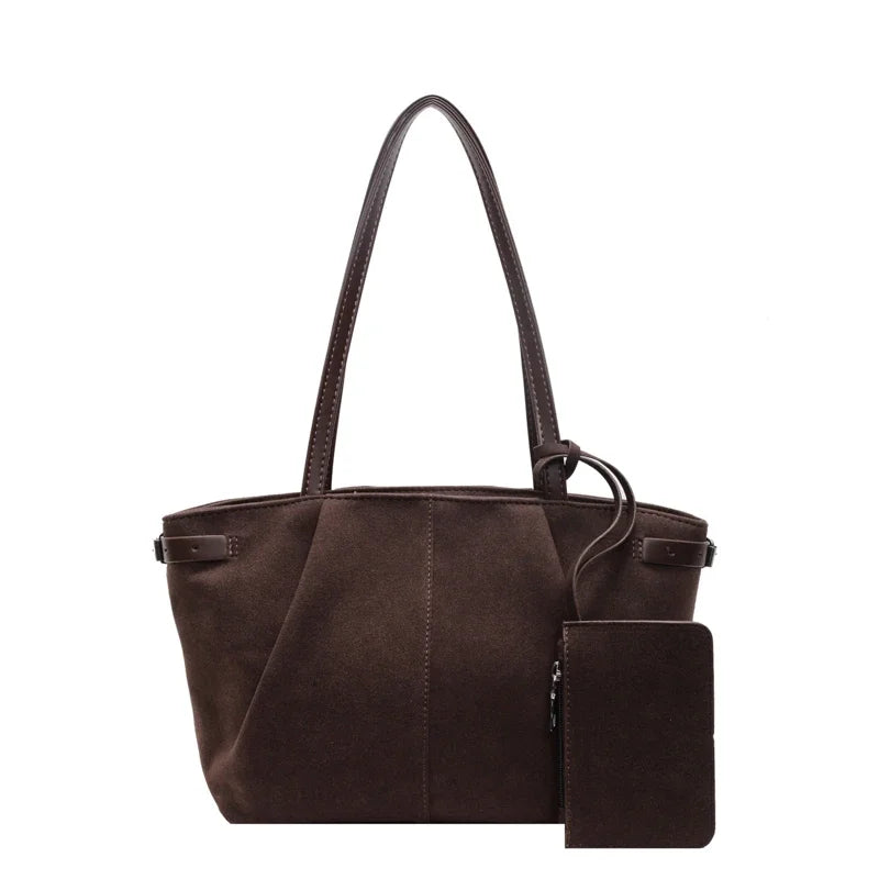 Women Suede Tote Bag with Inner Pocket Underarm Bag with Zipper Solid Color Satchel Bag for Work Travel