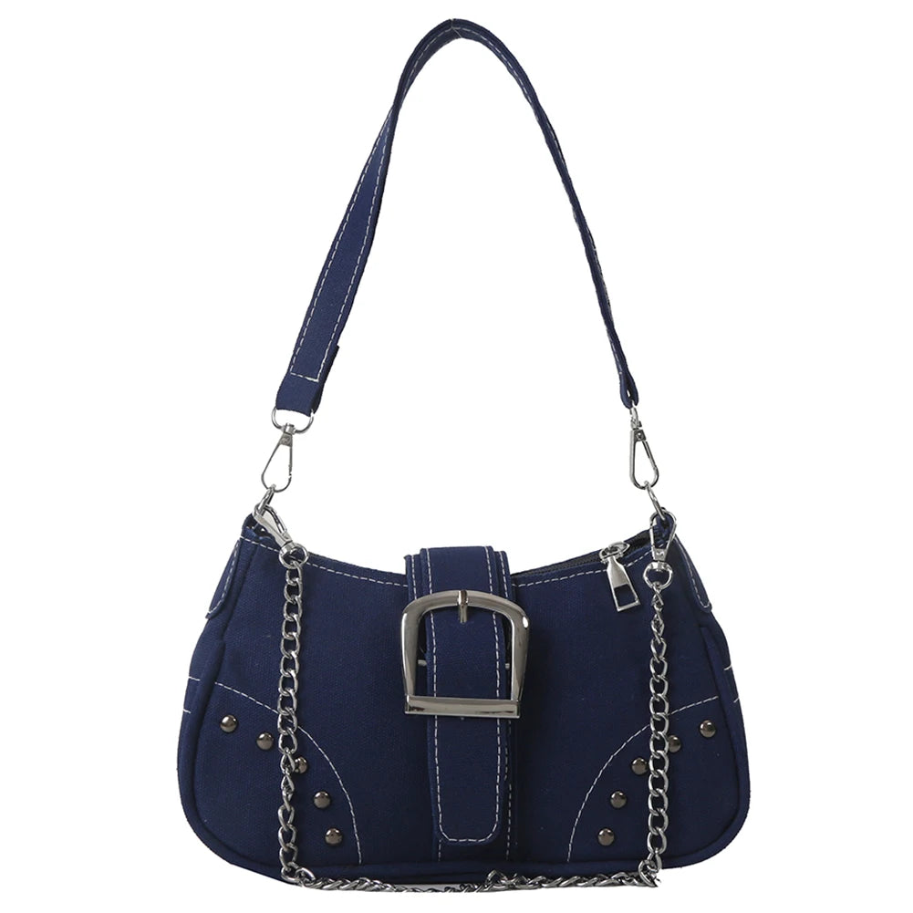 Women Vintage Rivet Bag Y2K Fashion Underarm Bag Canvas Casual Armpit Bag Zipper Closure Versatile Dating Bag