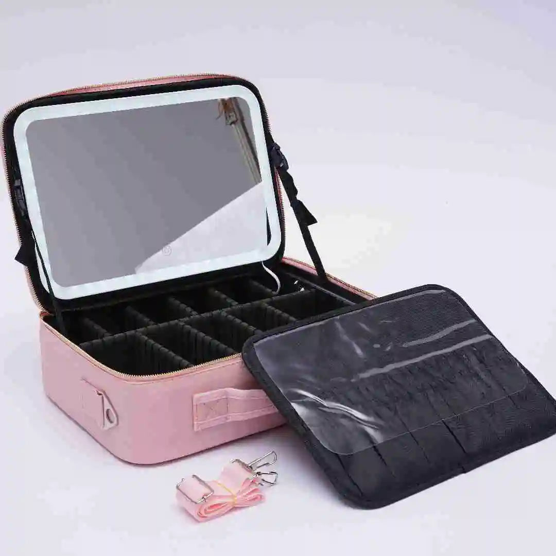 Black/Pink Large Smart LED Cosmetic Case with Mirror - Portable Travel Makeup Bag