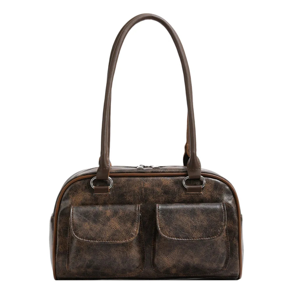 Women Fashion Armpit Bag Double Pocket PU Small Casual Handbag Solid Color Stylish Underarm Bags Large Capacity Retro Handbag