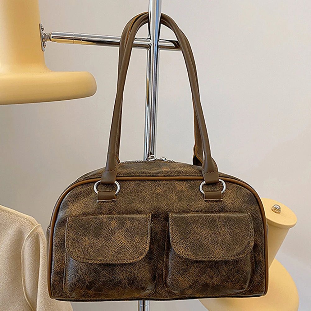 Women Fashion Armpit Bag Double Pocket PU Small Casual Handbag Solid Color Stylish Underarm Bags Large Capacity Retro Handbag