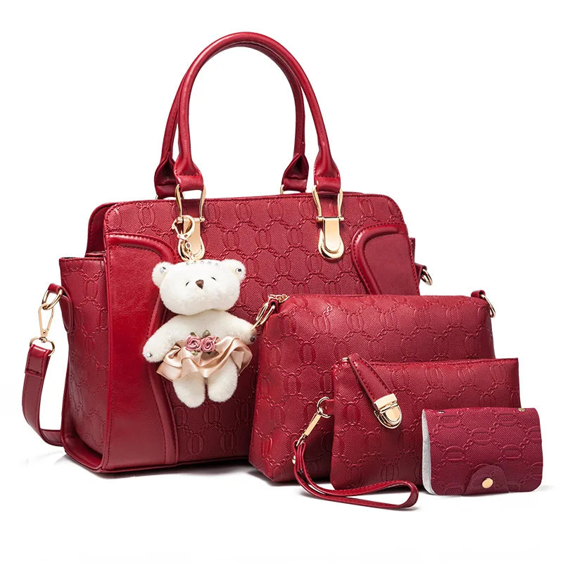 LadiesHandbag Set Top Handle Bags 4 Pieces Set inPULeather,ToteBagShoulderBagClutch andCardHolderSets forShoppingWorkTravel Gift