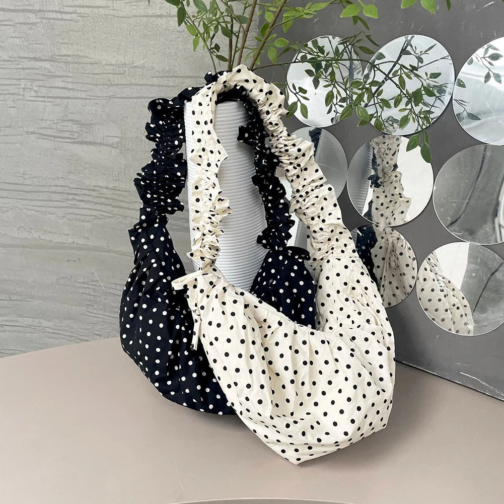 Women Fashion Shoulder Bag Large Capacity Polka Dot Retro Crossbody Bag All Matched Pleated Dumpling Bag for Outdoor Travel