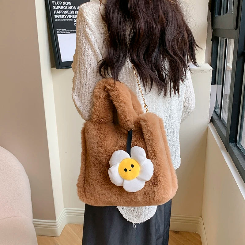 Women Plush Shoulder Bag with Chain Top Handle Bag Adjustable Strap Furry Purse Handbag for Work Travel
