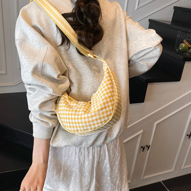 Checkered Nylon Crescent Hobos Shoulder Purse for Women Casual Crossbody Purse Lightweight Sling Bag with Adjustable Strap