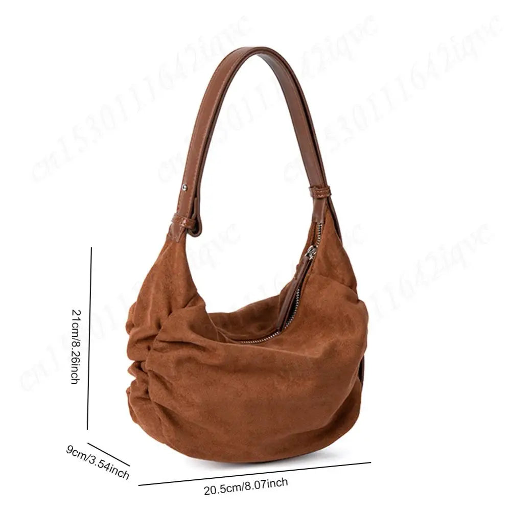 Suede Shoulder Bag for Women Men Ruched Handbag Adjustable Strap Crescent Bag Suede Hobo Bag with Multi-Pockets for Coummuting