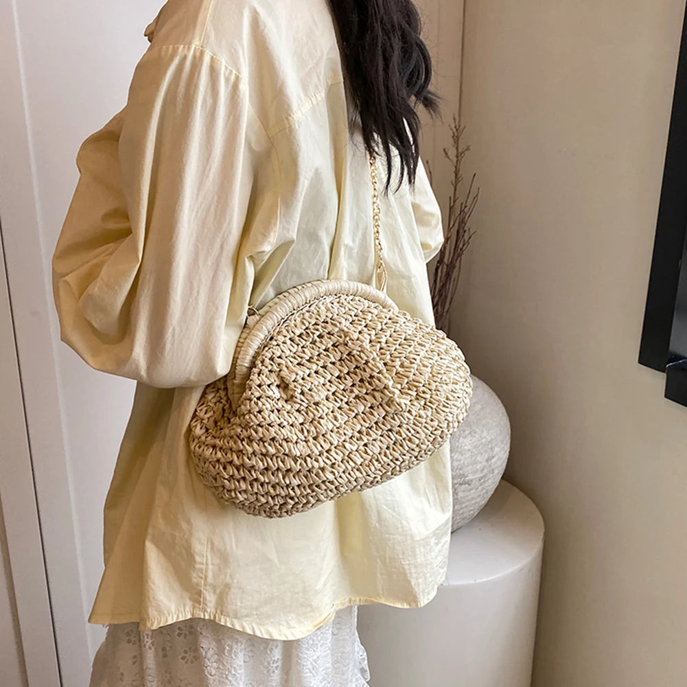 Women Straw Woven Bag Handmade Fashion Shoulder Bag Large Capacity Stylish Crossbody Bag Solid Color for Party Vacation