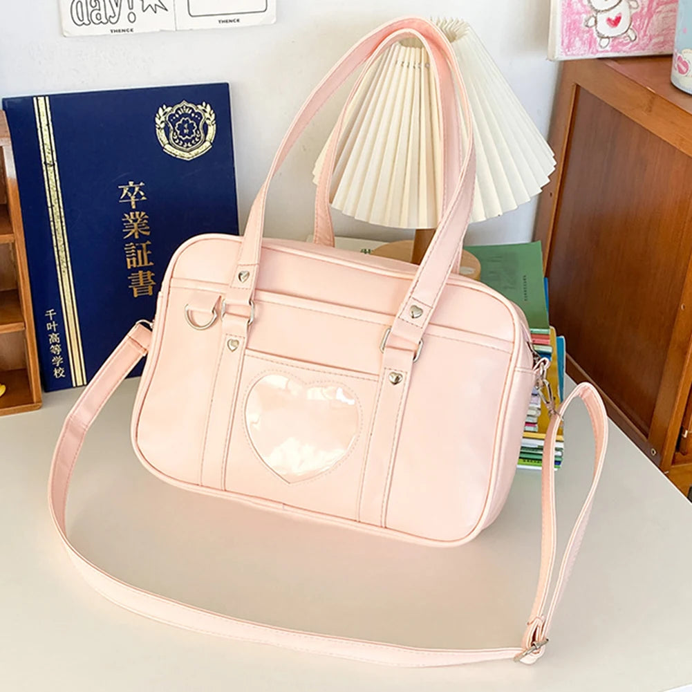 Women Anime Crossbody Bag Transparent Love Heart PU Japanese School Bag Adjustable Strap Shoulder Uniform Bag Chic Commuting Bag