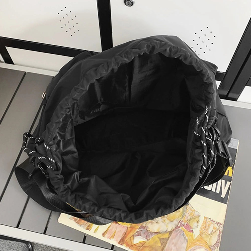 Unisex Simple Shoulder Bags Oxford Cloth Drawstring Black Shopping Bag Multi-pocket Lage Capacity Versatile Outdoor Daily Bag