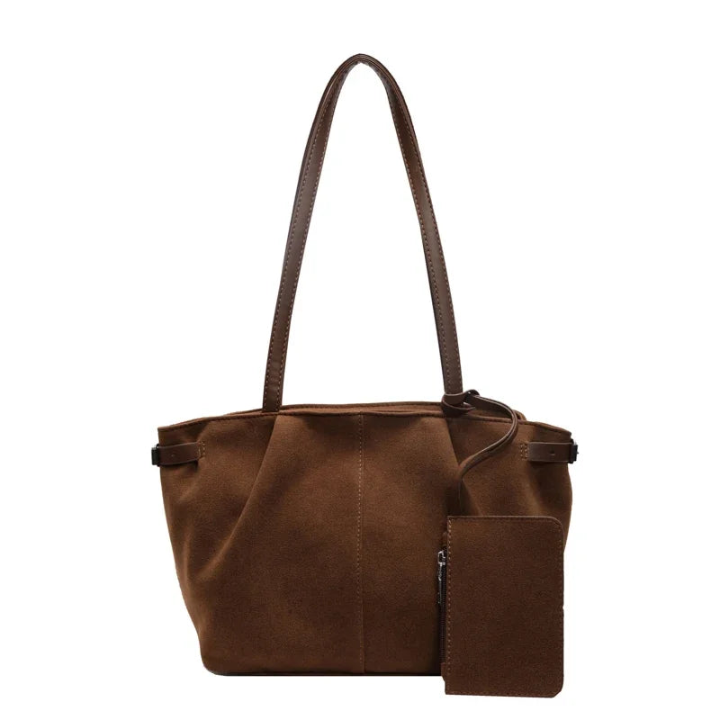 Women Suede Tote Bag with Inner Pocket Underarm Bag with Zipper Solid Color Satchel Bag for Work Travel