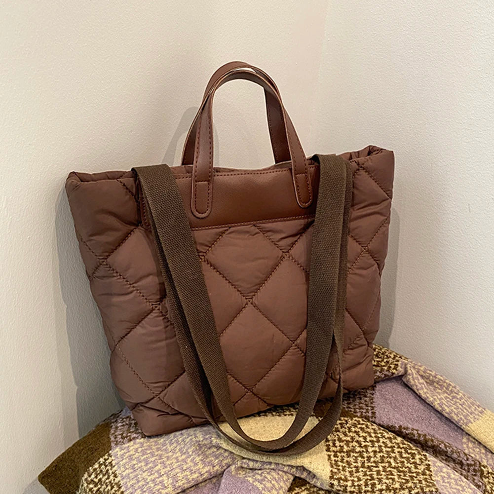 Women Nylon Shoulder Bag Quilted Large Purse with Inner Pocket Solid Color Satchel Bag for Work Travel