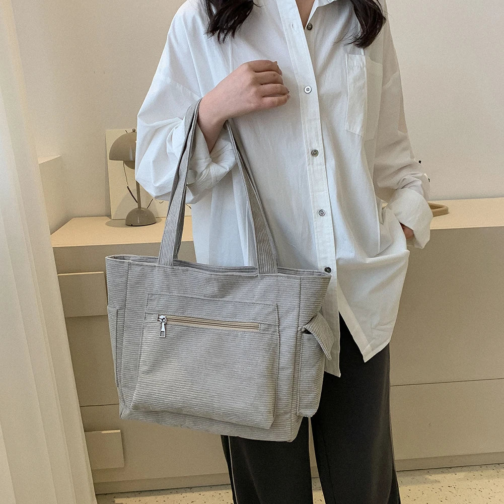 Women Corduroy Hobo Bag Large Capacity Casual Shoulder Tote Handbag Outer Pocket Satchel Bag Lightweight Shopping Bag