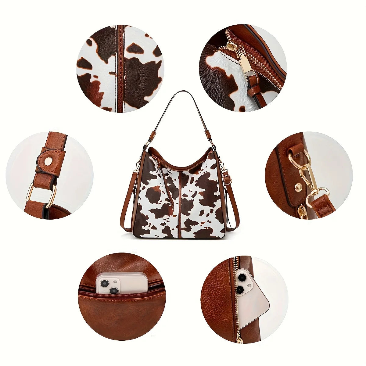 2PC Set Purses Tote Bag For Women, Handbags PU Leather Large Shoulder Bag, Cow Pattern Work Bags With Multi-Pockets