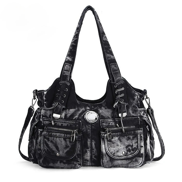 Large Capacity Handbag Casual Hobo Denim Bag Women Shoulder Bag Jeans Multiple Pockets Tote Bag